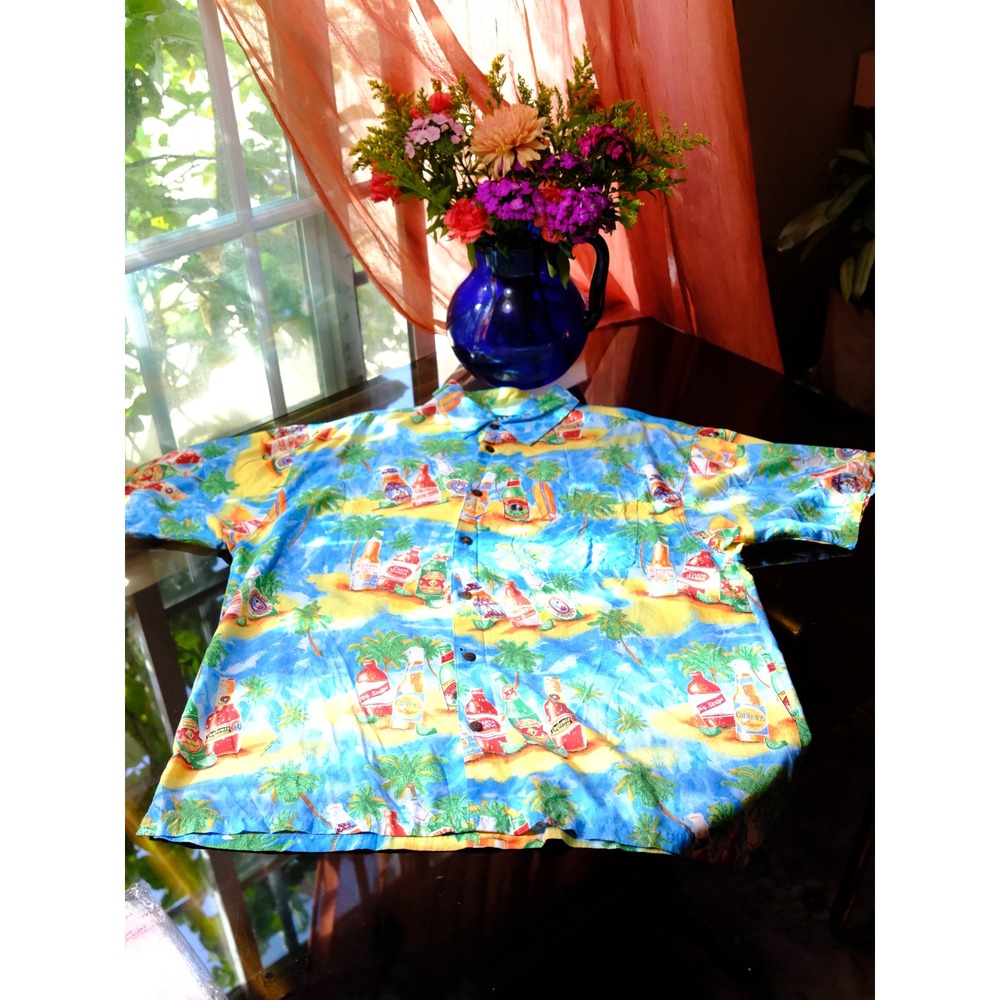 Big Dogs Mens Large Rayon Tropical Beer Bottle Beach Print Camp Shirt Blue